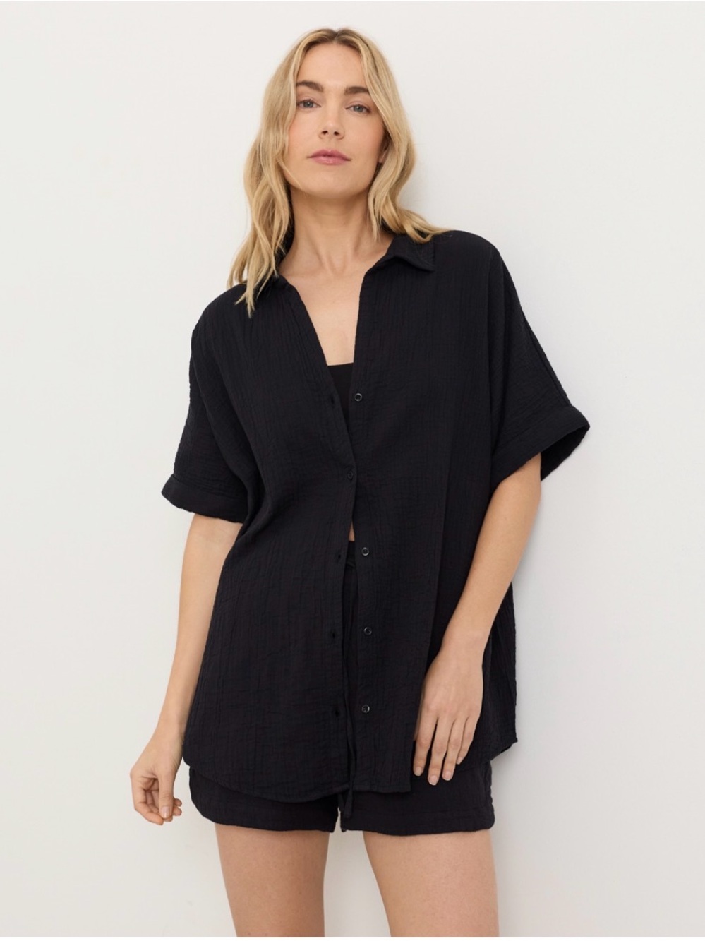 Pact Organic Cotton Gauze Coastal Collection Oversized Shirt in Jet Black